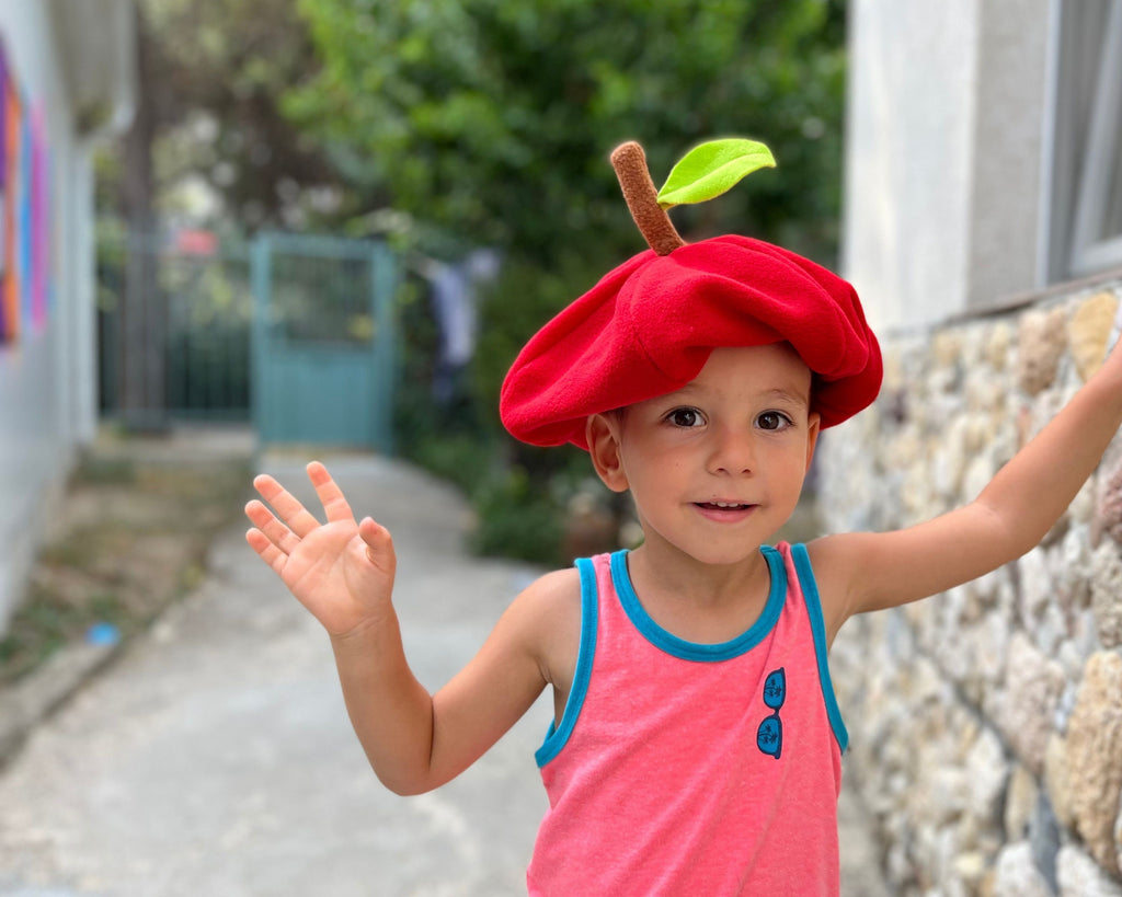 Kids red apple hat small size fits 1-3 years head circumference 18-20 inches