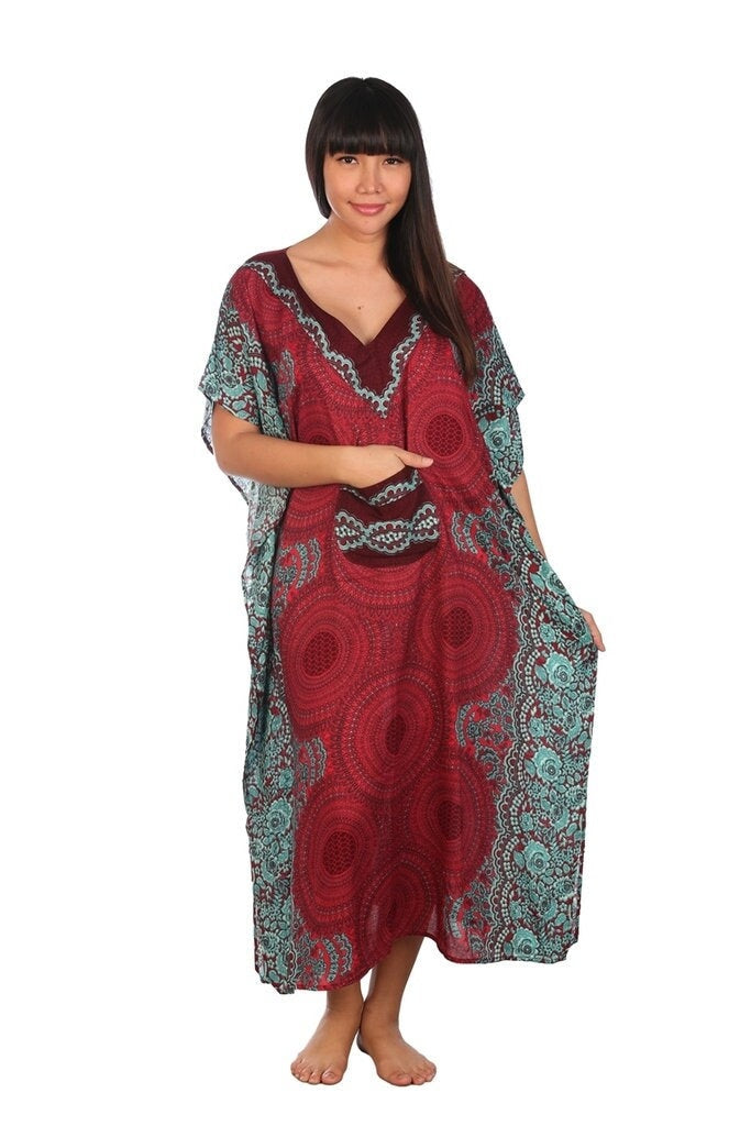Burgundy floral rayon kaftan dress for women, bohemian summer beach cover-up