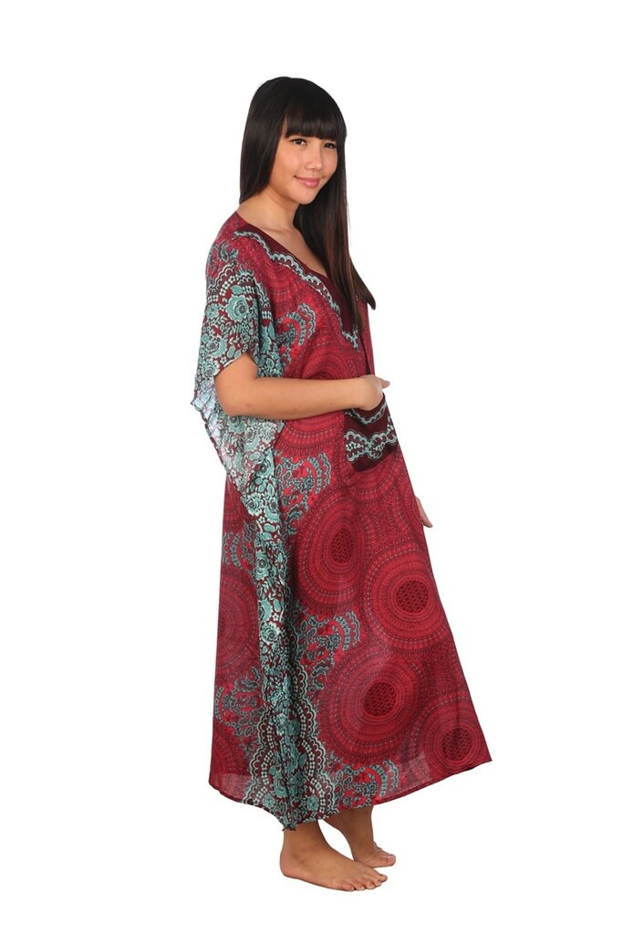 Handmade burgundy printed rayon kaftan with V-neck and front pocket