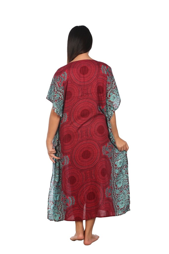 Lightweight one-size kaftan dress fits US 2-14, perfect for festivals