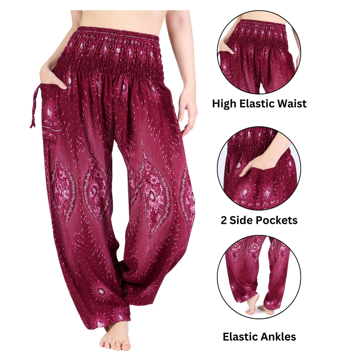 Burgundy floral high waisted hippie pants for yoga