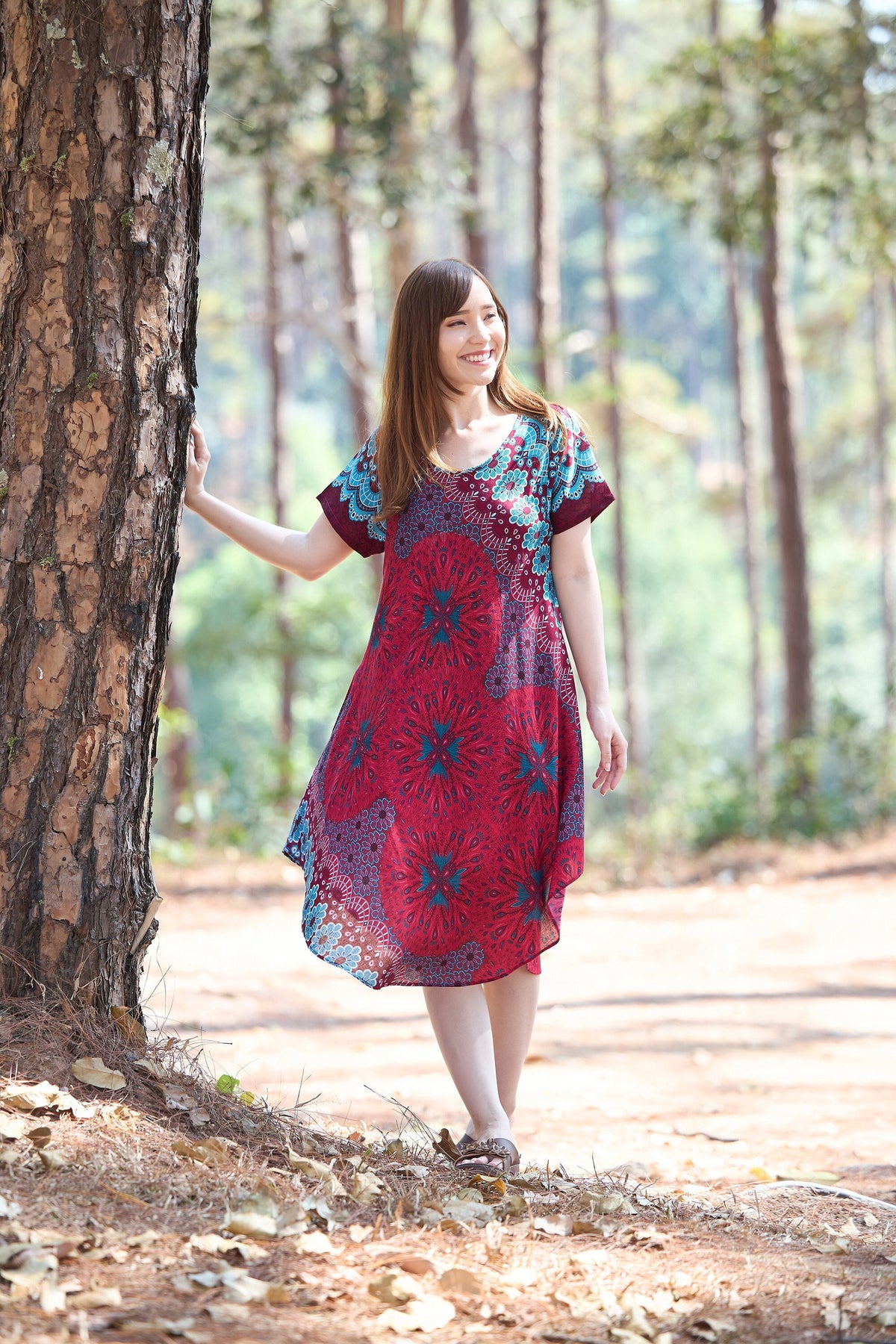 Burgundy flower mandala rayon boho dress with short sleeves and two pockets