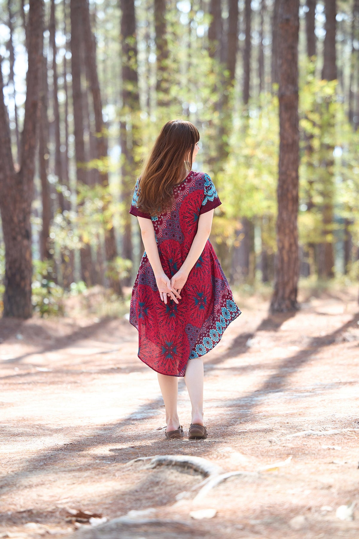 Lightweight rayon boho dress in burgundy flower mandala pattern