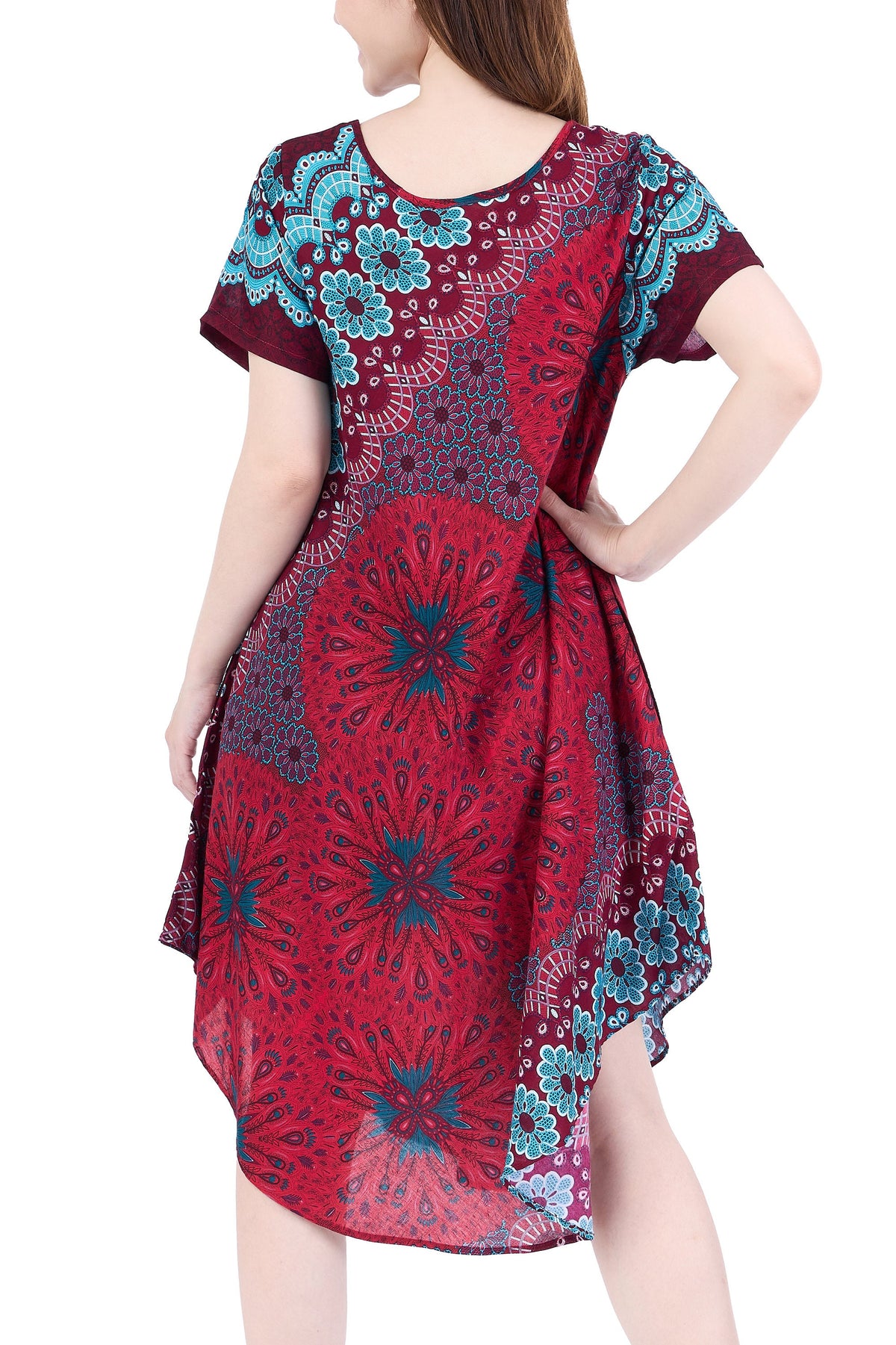 Women's rayon boho dress burgundy mandala print handmade