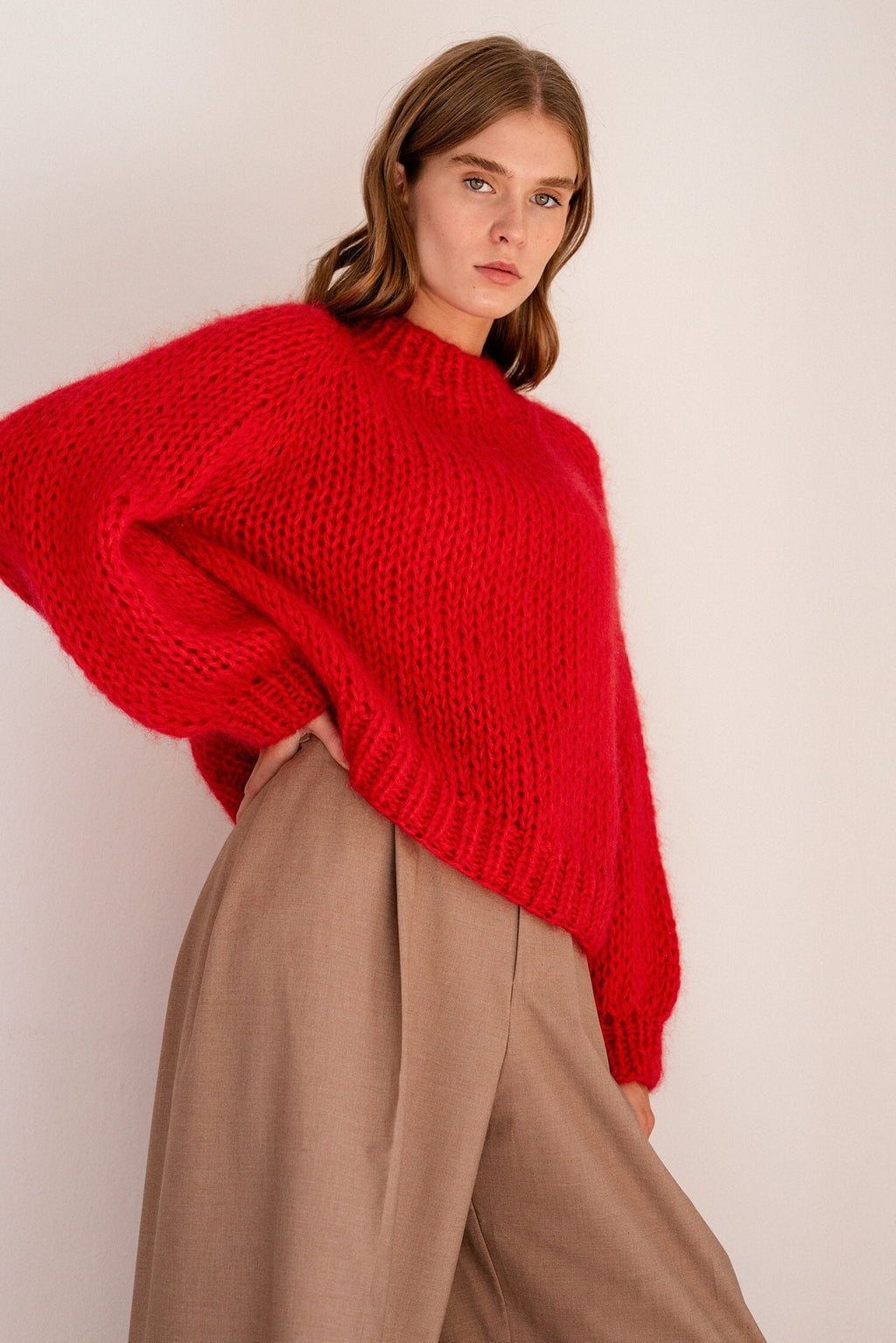 Lava red hand knit mohair sweater with oversized chunky fit