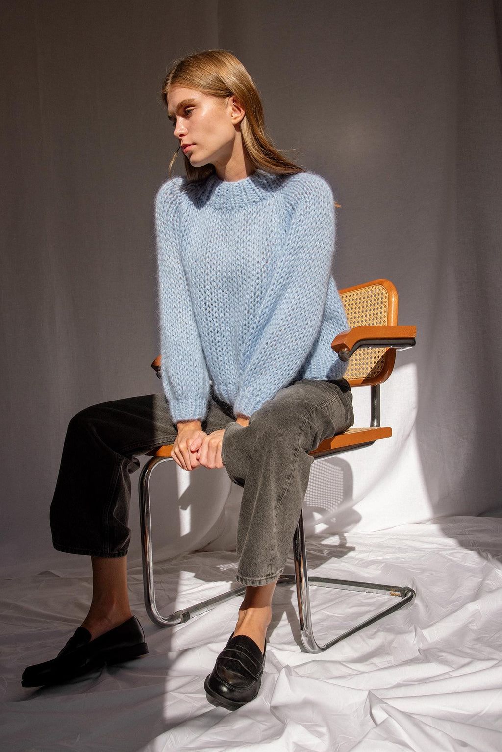 Hand knitted lava red sweater with ribbed mock neck