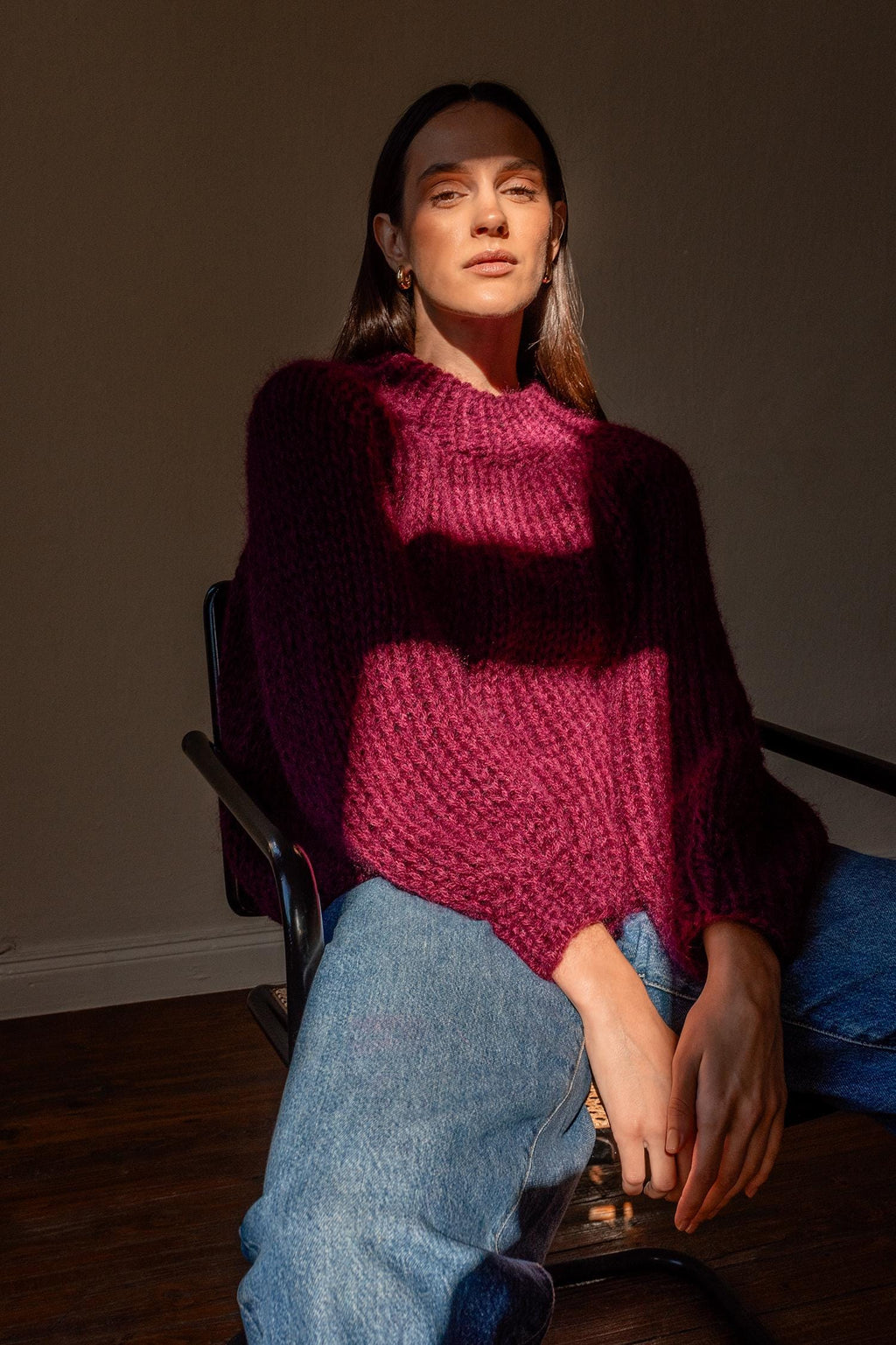 Red kid mohair pullover with voluminous neck