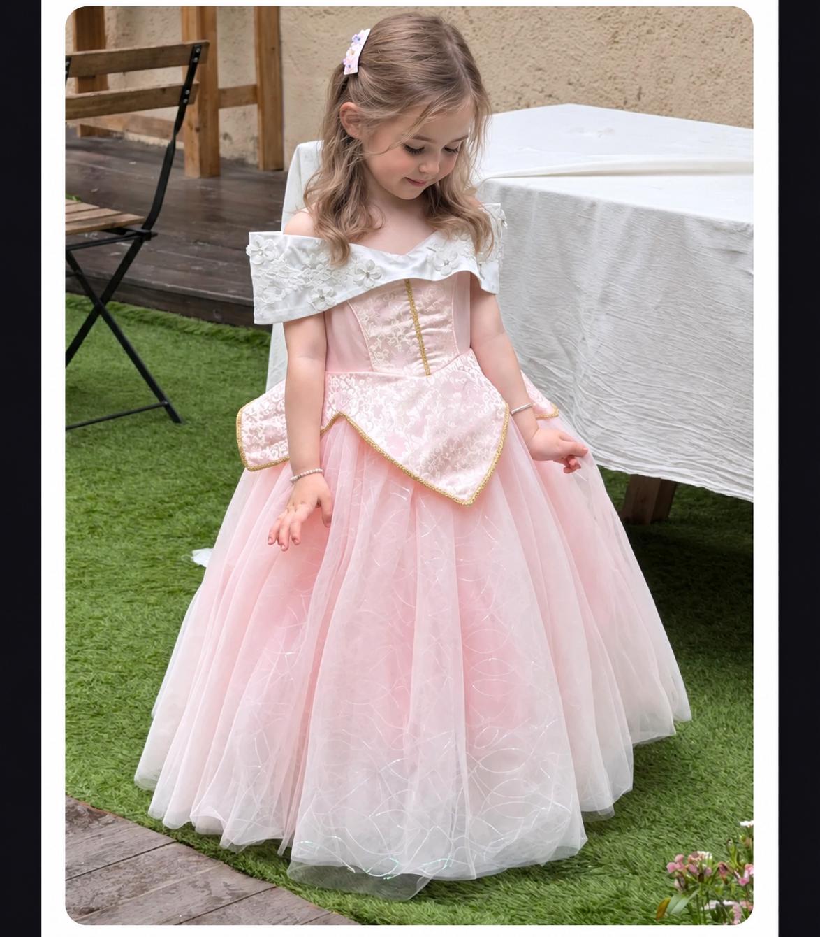 Flower girl dress with off-shoulder collar and pearl details