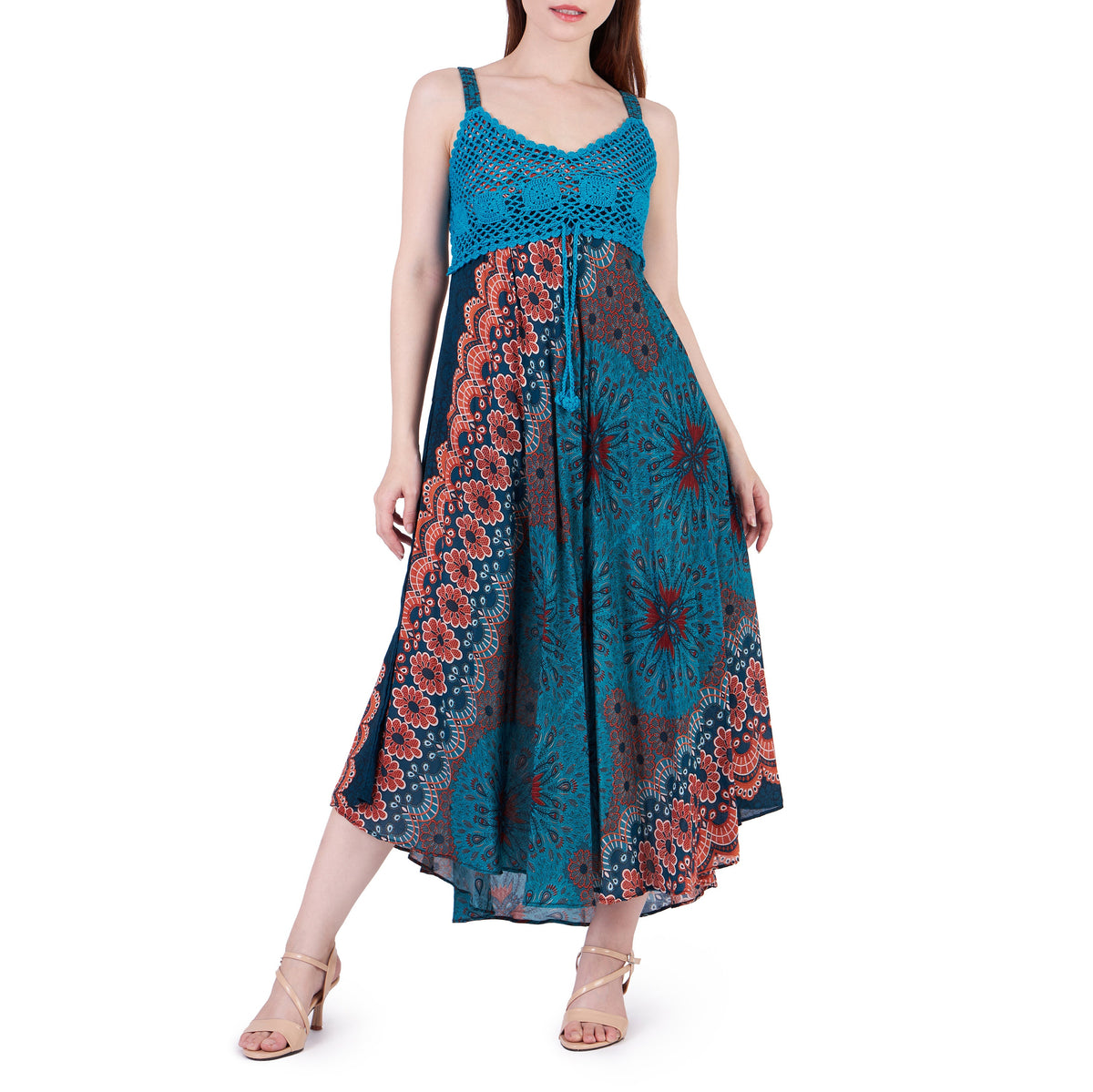 Boho rayon sundress in printed teal for summer festivals