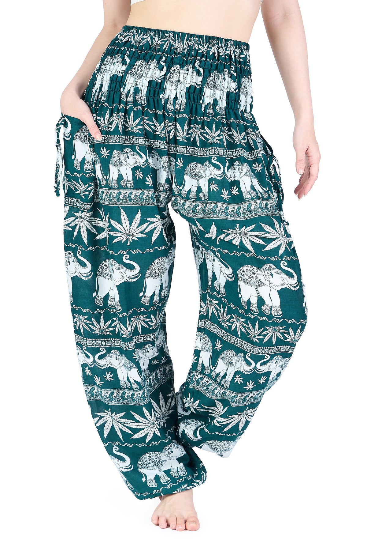Handmade teal harem pants for women with adjustable waist