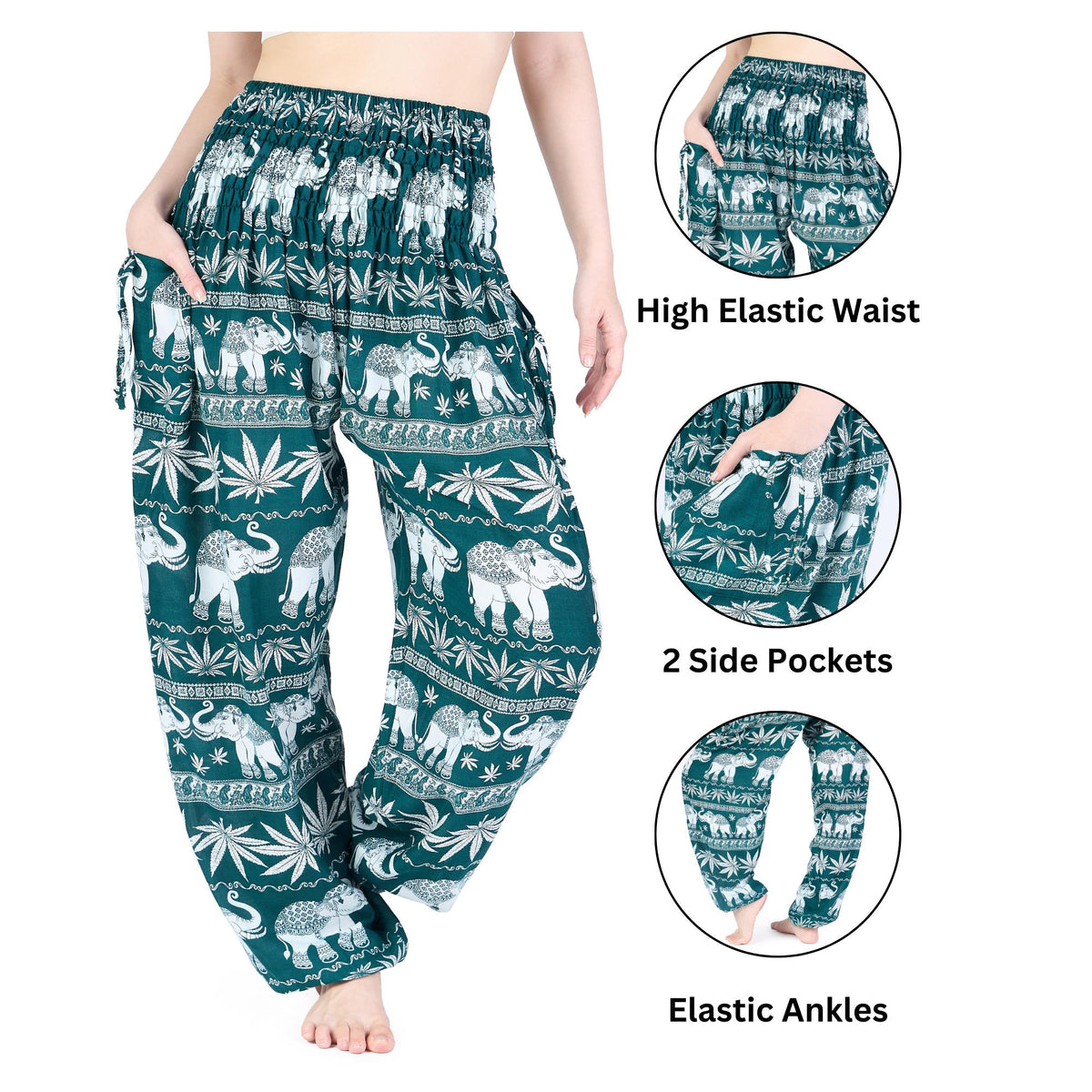 Comfy teal boho pants with elephant pattern and pockets