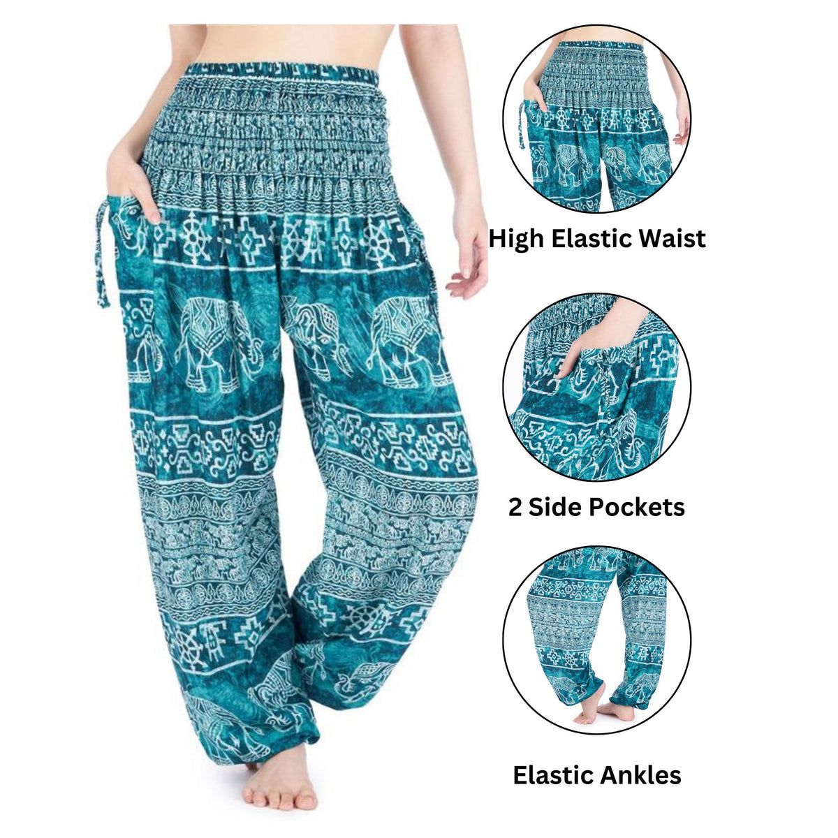 Handmade teal boho harem pants in soft rayon fabric