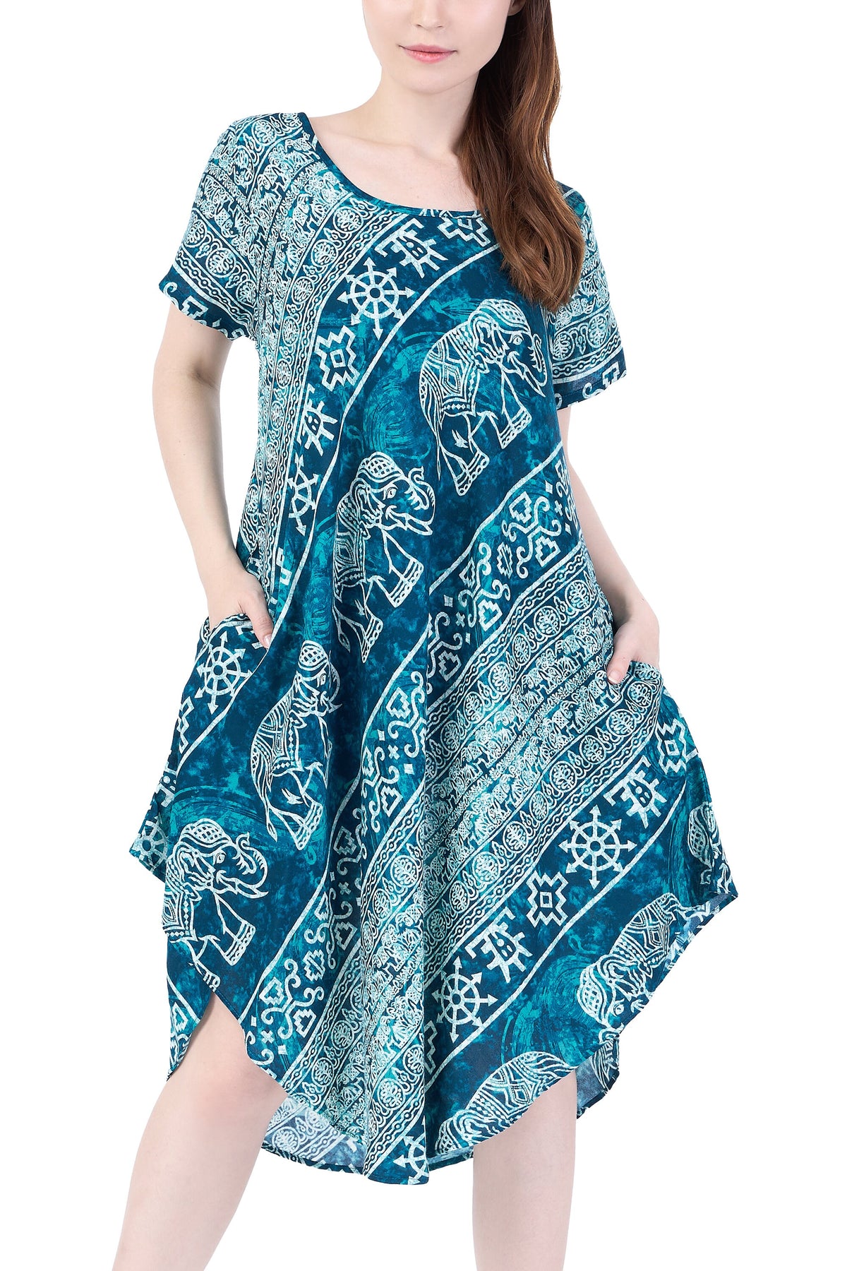 Boho sundress in teal elephant print, handmade lightweight rayon