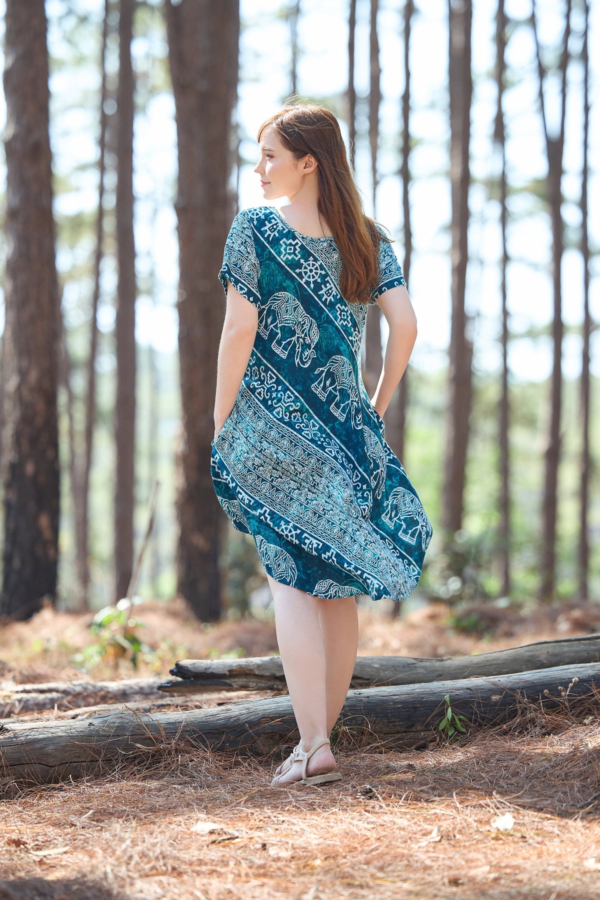 Women's teal elephant rayon dress with pockets, knee-length summer style