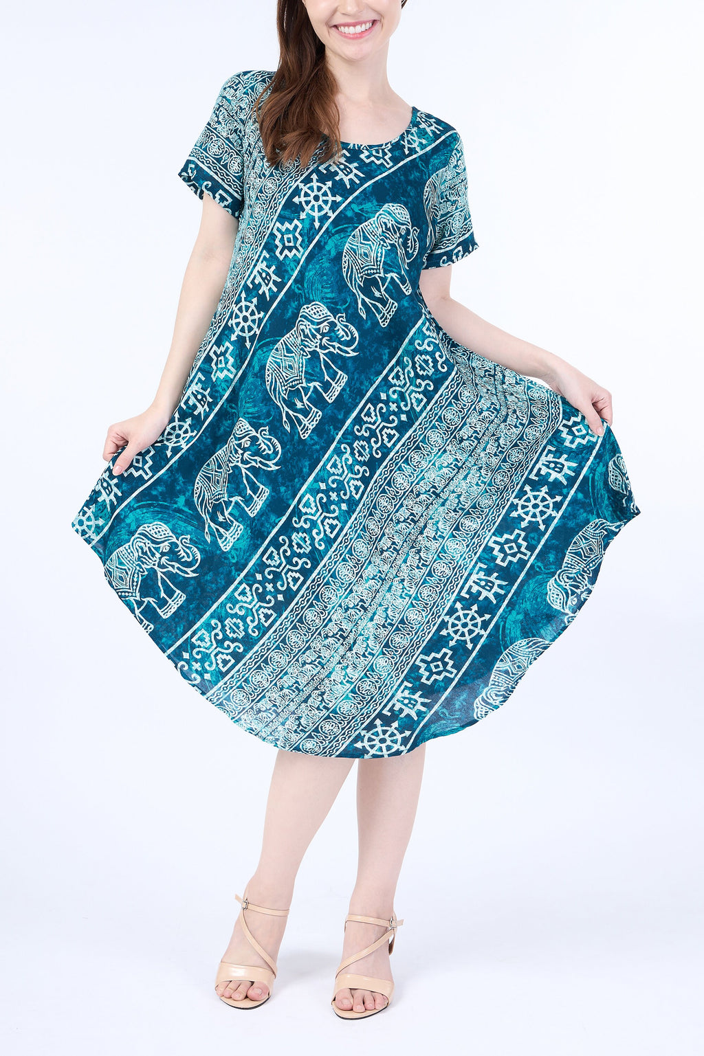 Lightweight rayon boho dress in teal elephant print for beach and festivals