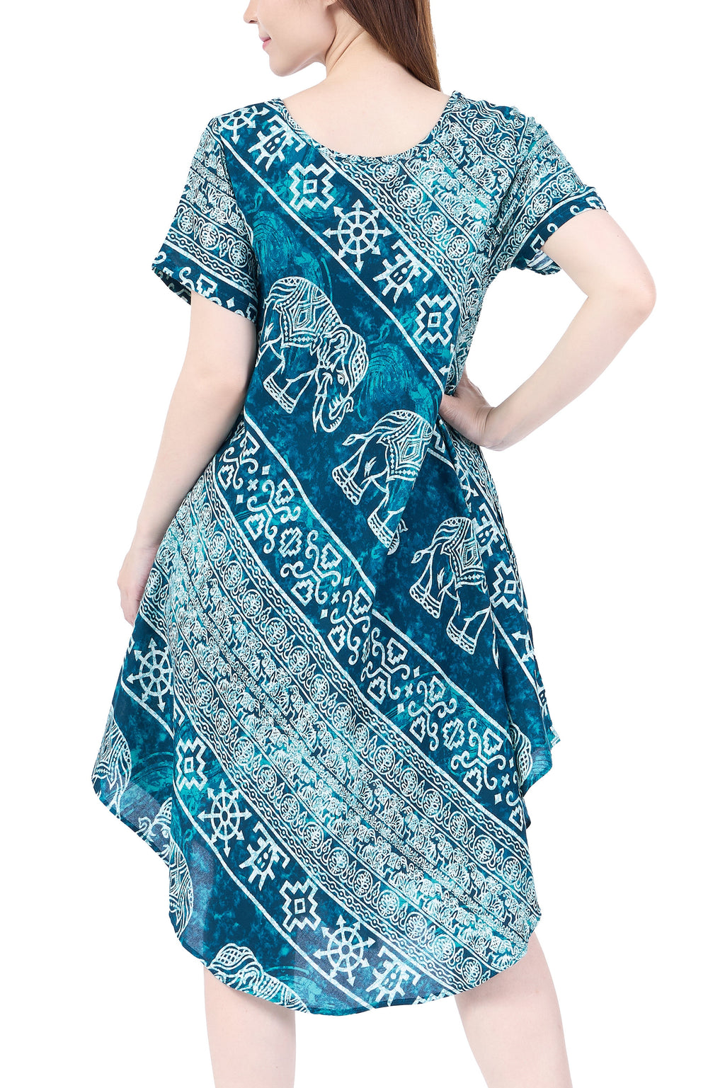Teal elephant print short sleeve dress with pockets, sizes S/M to XXL