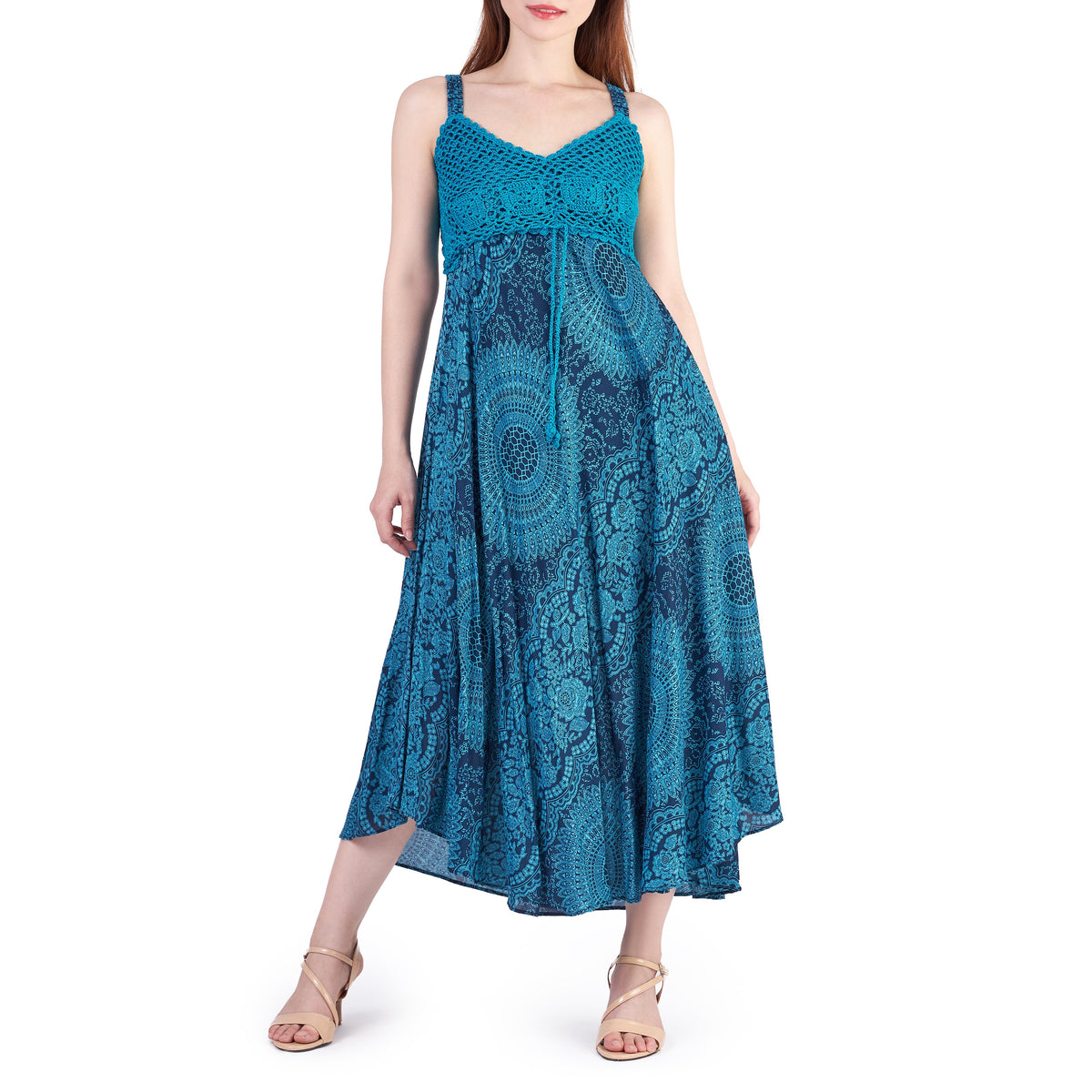 Boho rayon sundress in printed teal, handmade summer dress for women
