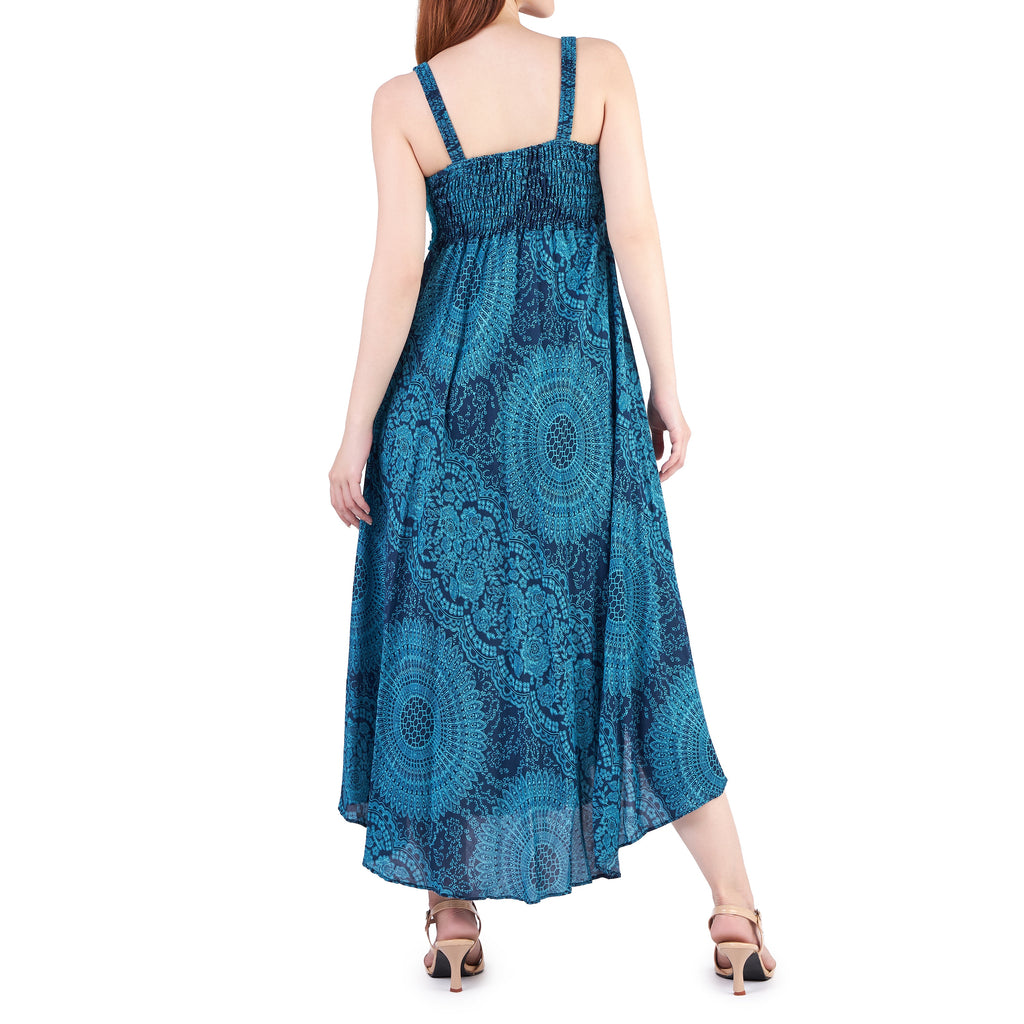 Hippie lady teal rayon dress, soft fabric and vibrant print