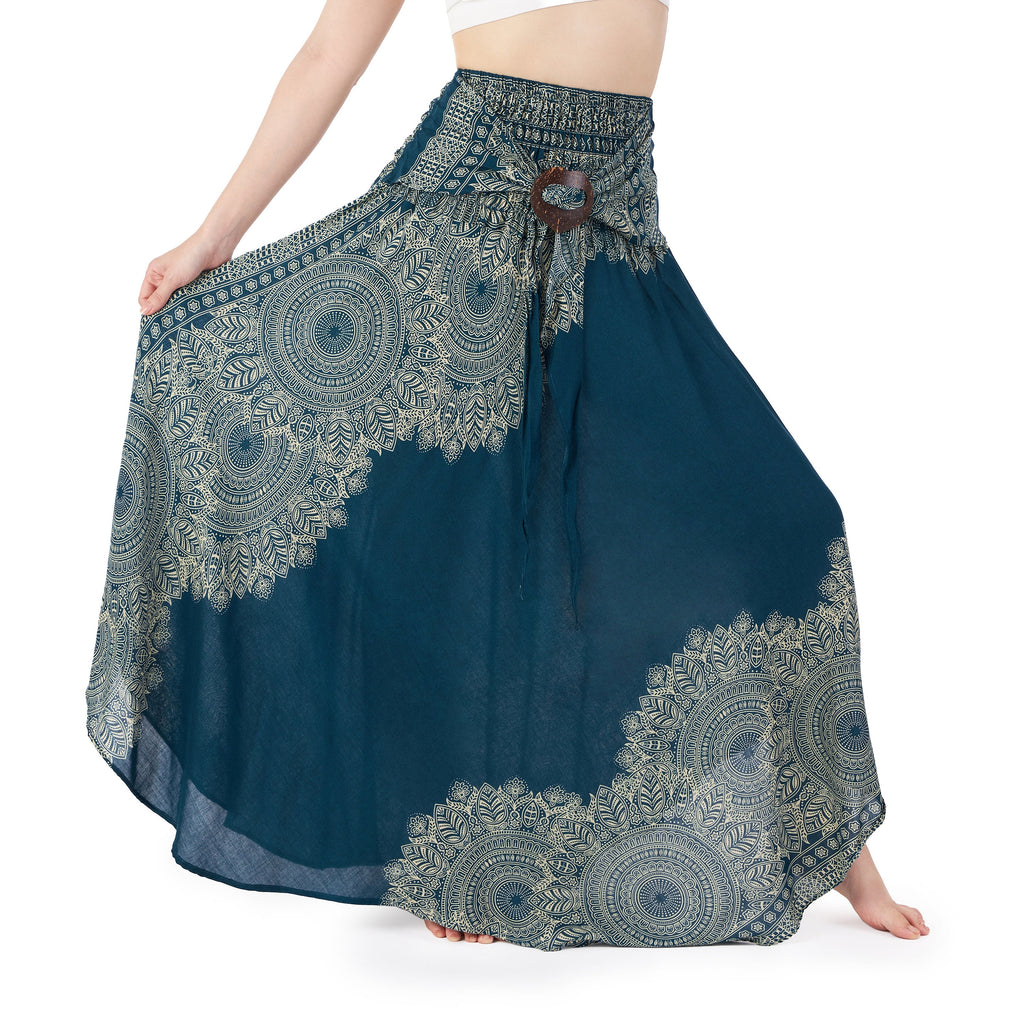 Boho mandala dress 2-in-1 teal rayon worn as dress with asymmetric hem