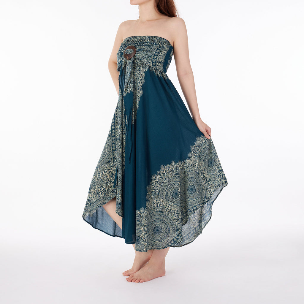 High waist teal maxi skirt with elastic smocked waist and coconut belt tie