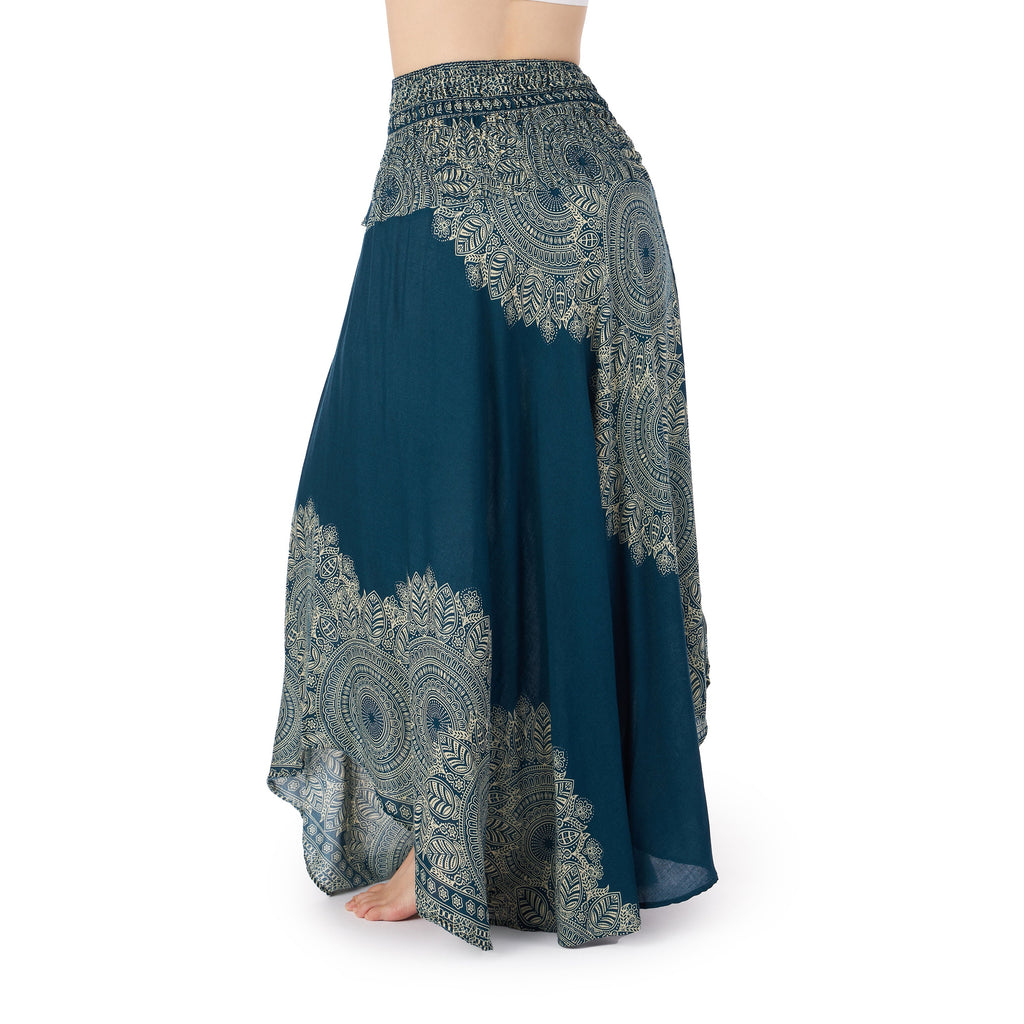 Long teal maxi skirt with asymmetric hem and bohemian style