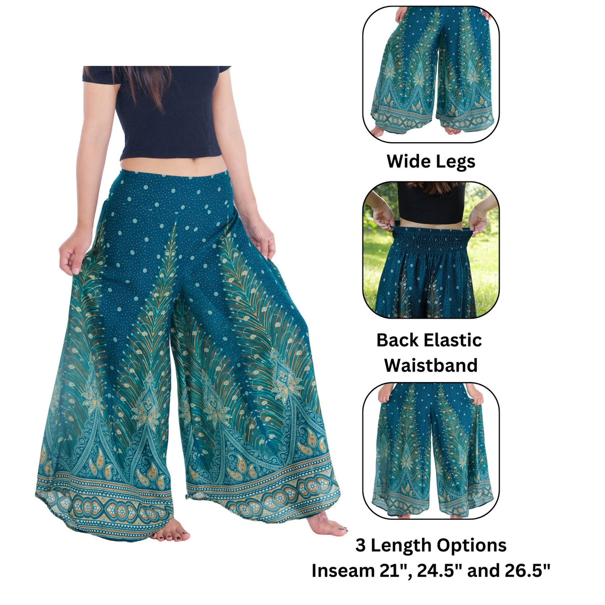 Plus size teal peacock boho pants with high waist and wide leg
