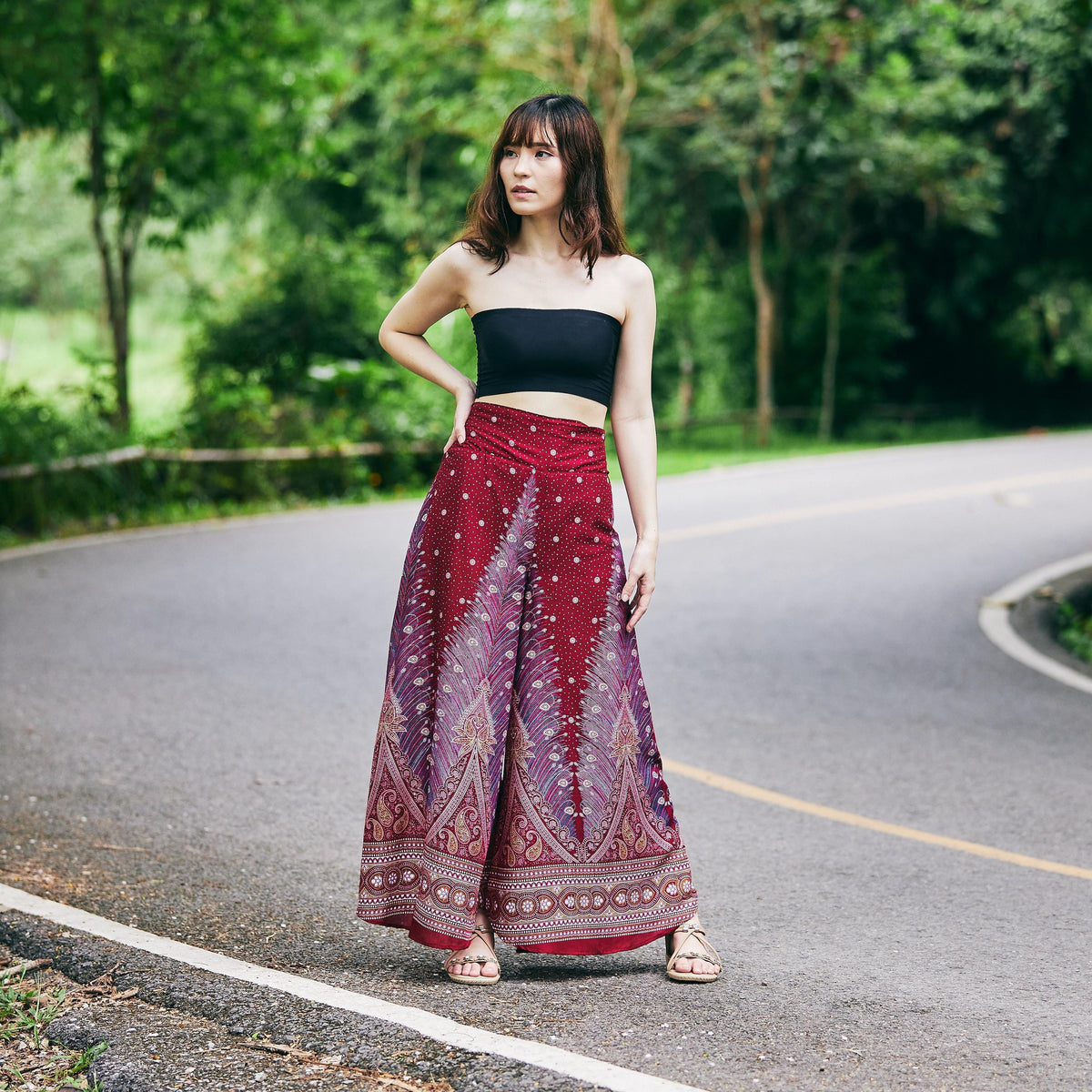 Bohemian wide leg pants with teal peacock pattern, handmade