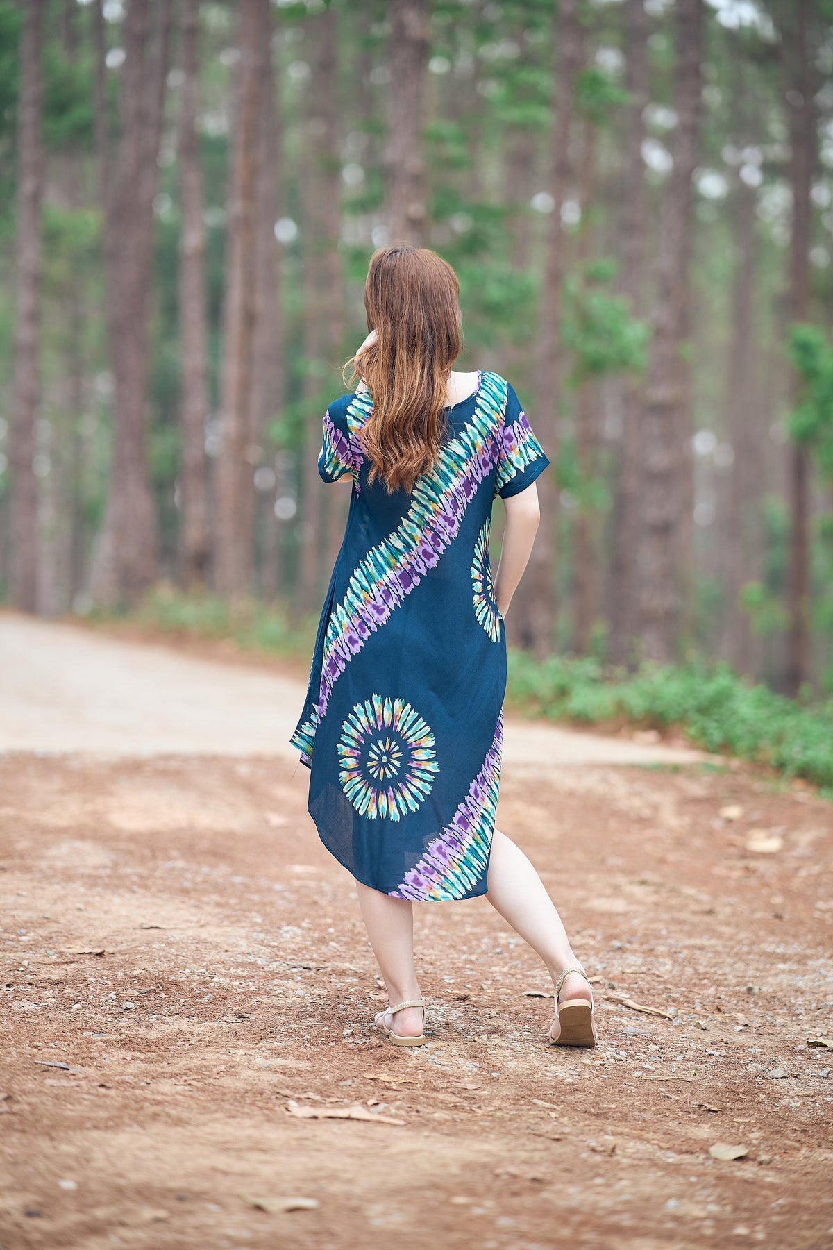 Handmade rayon dress in teal with colorful print, knee-length boho style