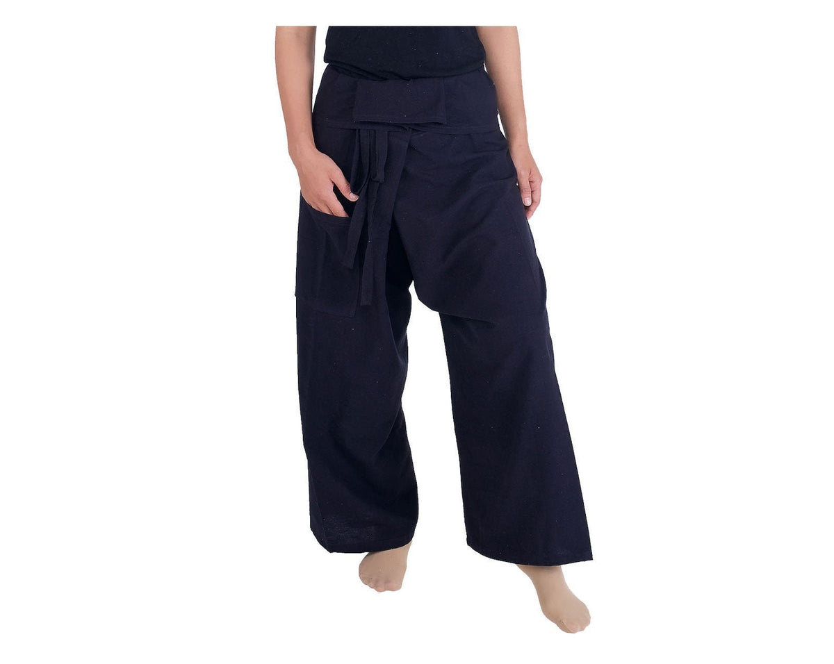 Black Thai fisherman pants with wide legs and adjustable waist wrap for men and women