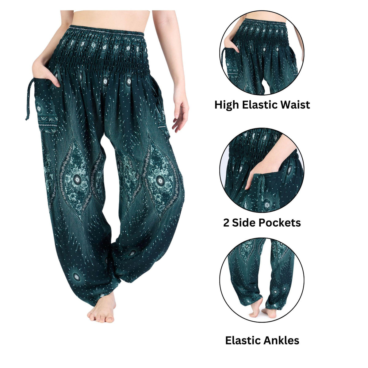 Boho yoga pants in green rayon with smocked elastic waist and side pockets