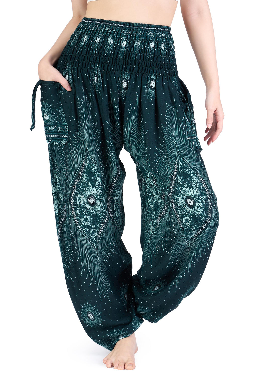 Floral boho flowy pants for women with elastic ankles and pockets