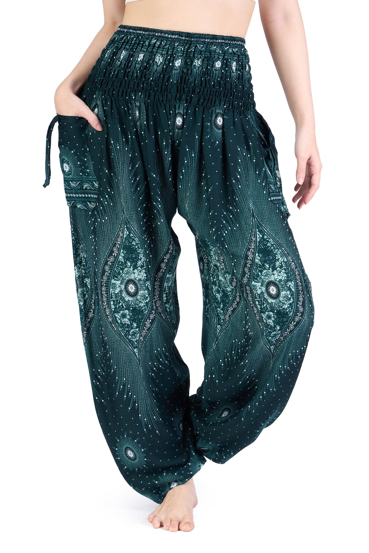 Floral boho flowy pants for women with elastic ankles and pockets