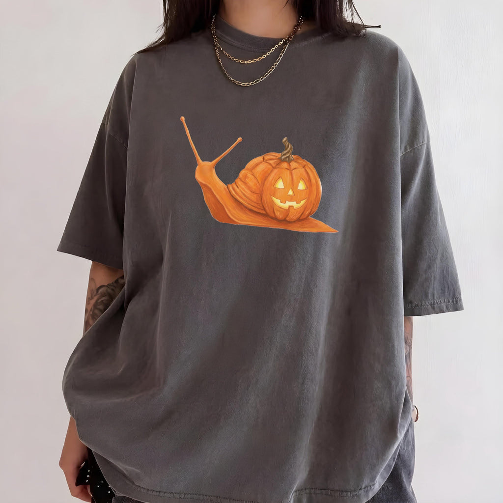 Whimsical pumpkin snail Halloween t-shirt in relaxed fit