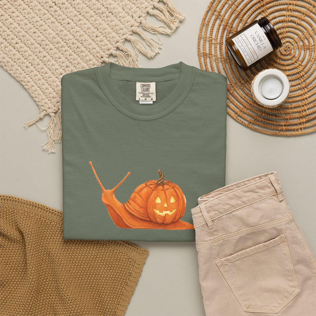 Whimsical fall tee featuring jack o' lantern and snail