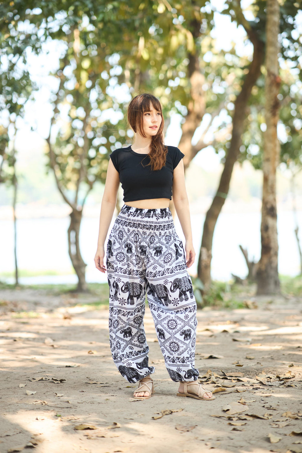 White and black elephant print harem pants for women with smocked waist
