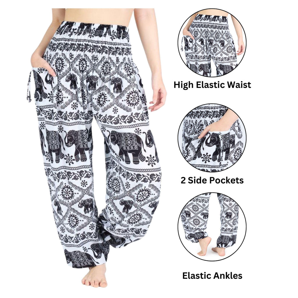 Lightweight rayon boho harem pants featuring two side pockets
