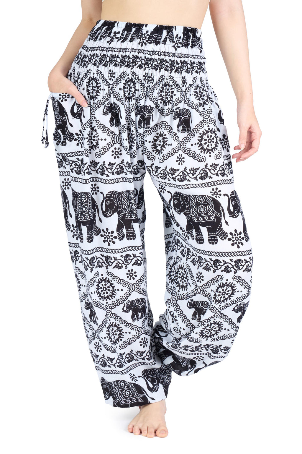Bohemian hippie trousers in white and black elephant design S-XXL