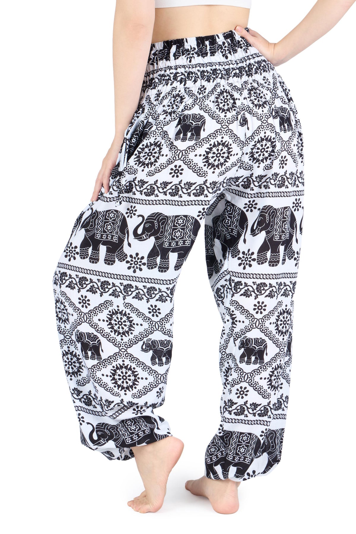 Comfortable smocked waist harem pants for yoga and travel