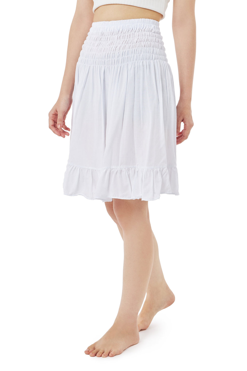 Boho rayon mini skater skirt in solid white for summer