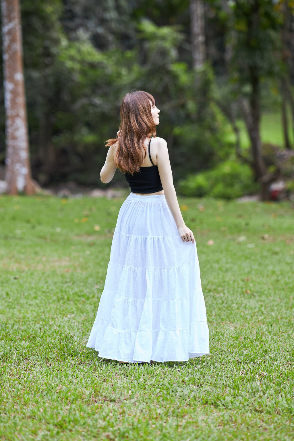 Handmade white ruffle maxi skirt with elastic waist for women