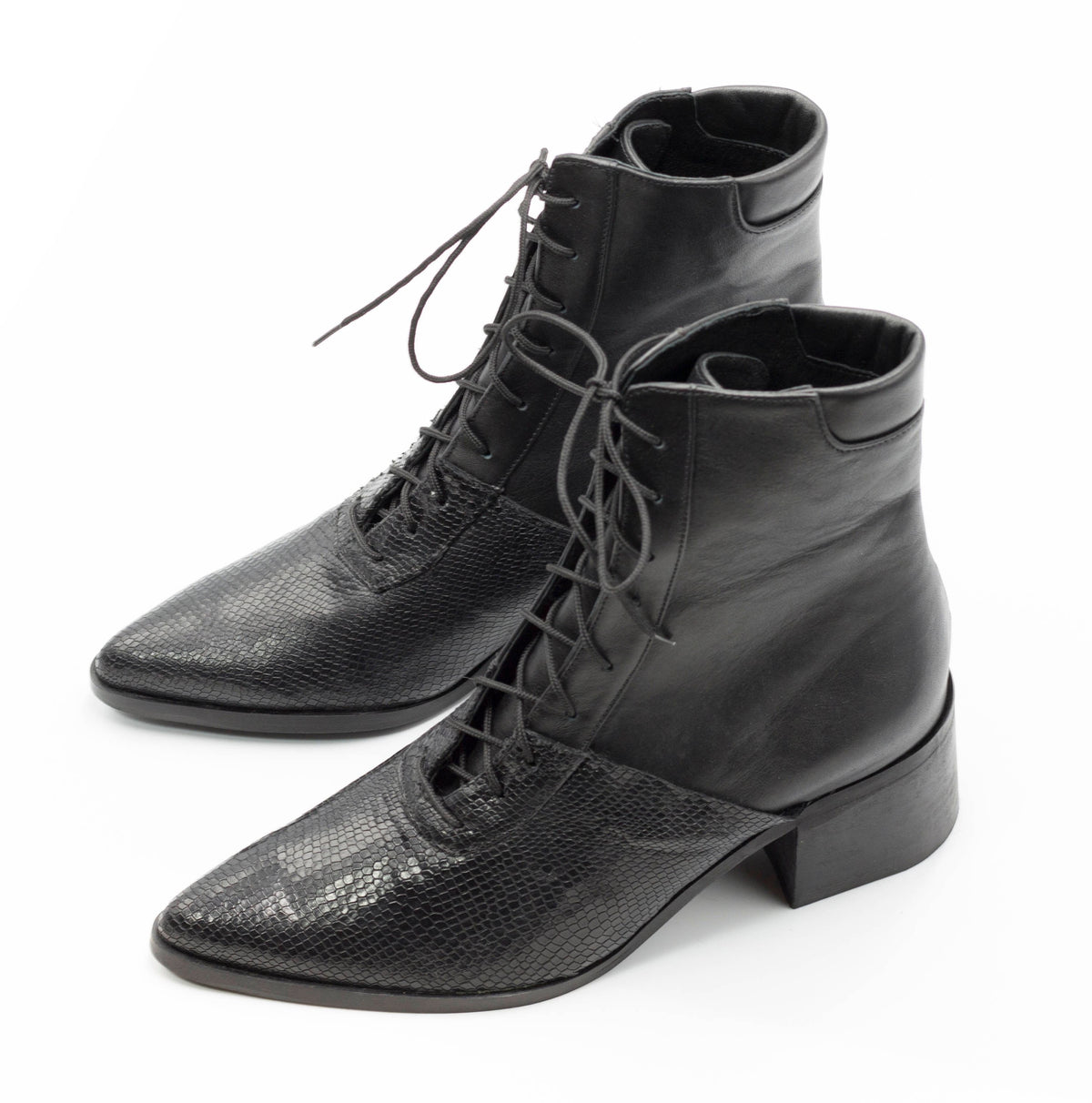 Handmade black leather ankle boots with snake texture and front laces