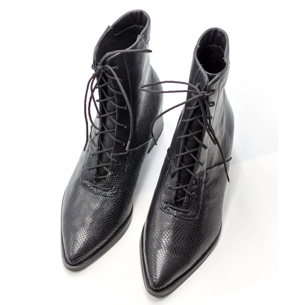Black snake leather booties with two-tone leather combination