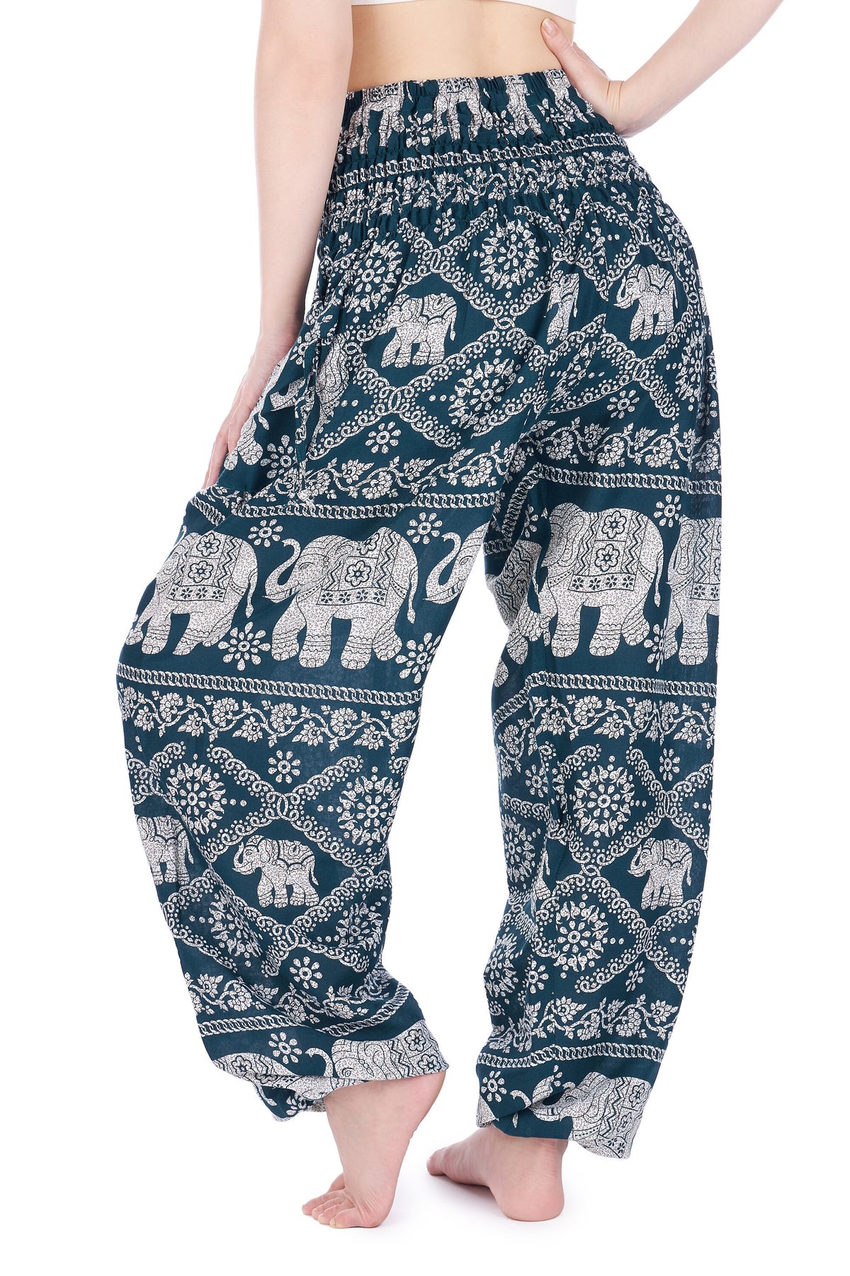 Teal printed elephant trousers for festival and travel