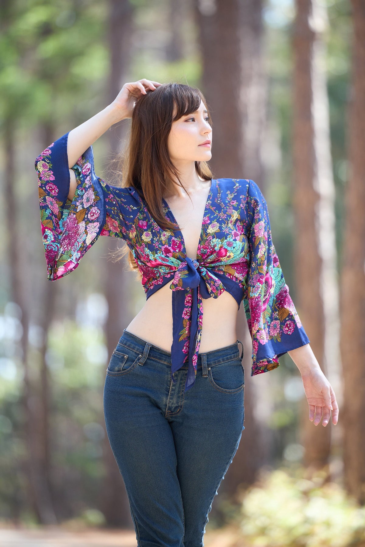 Dark blue rayon boho wrap top with bell sleeves for women