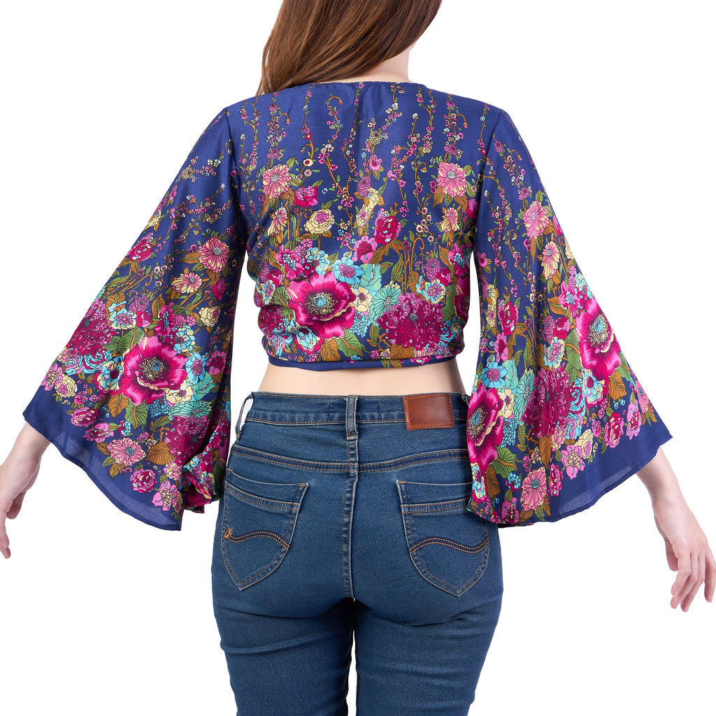 Dark blue bell sleeve wrap top for festival clothing