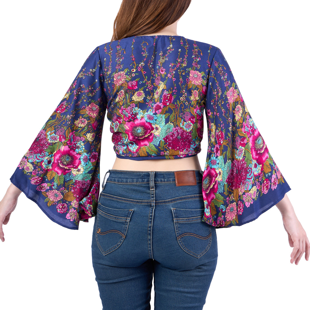 Dark blue bell sleeve wrap top for festival clothing
