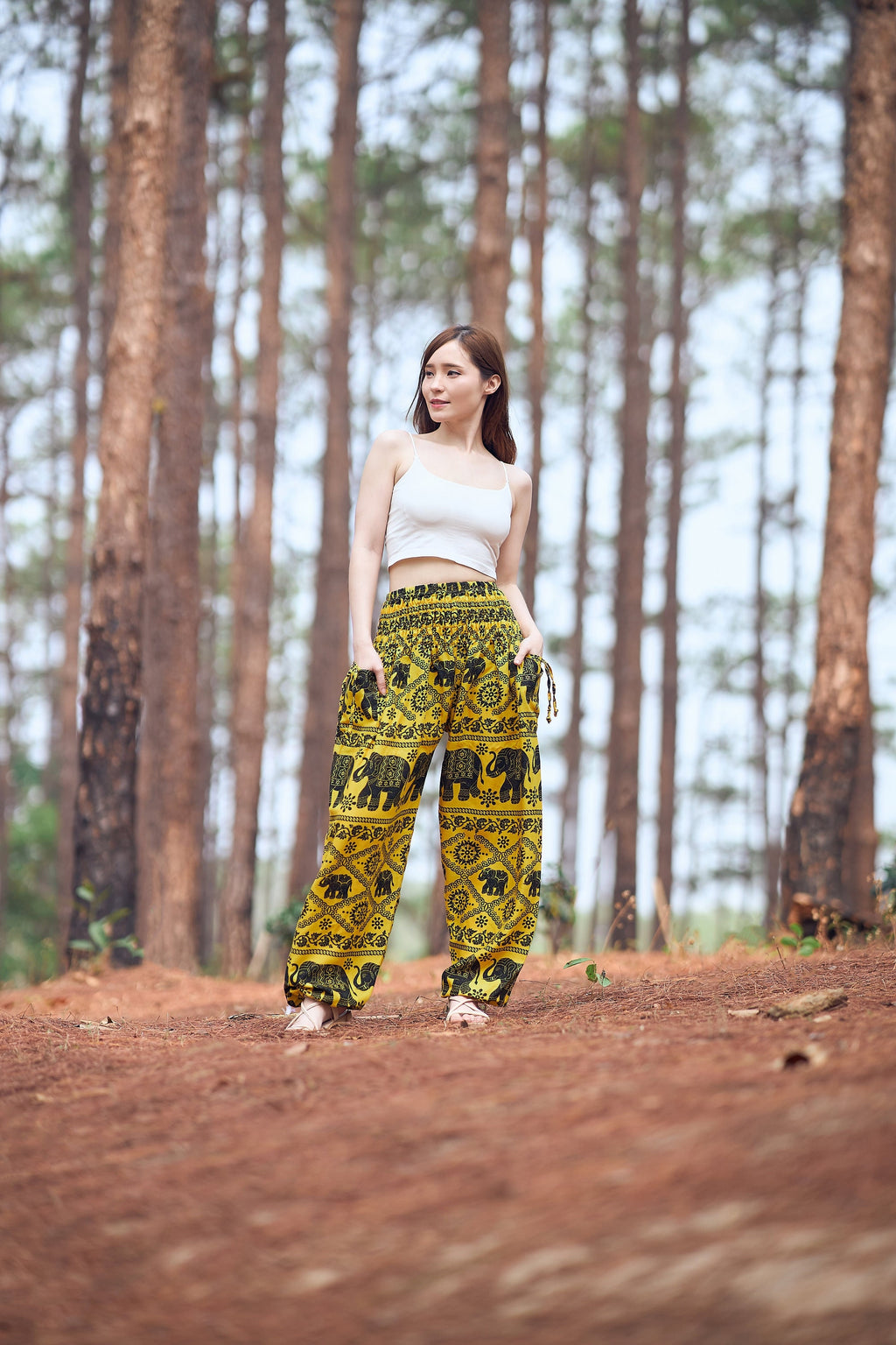 Yellow Thai elephant harem pants boho plus size women's trousers with pockets