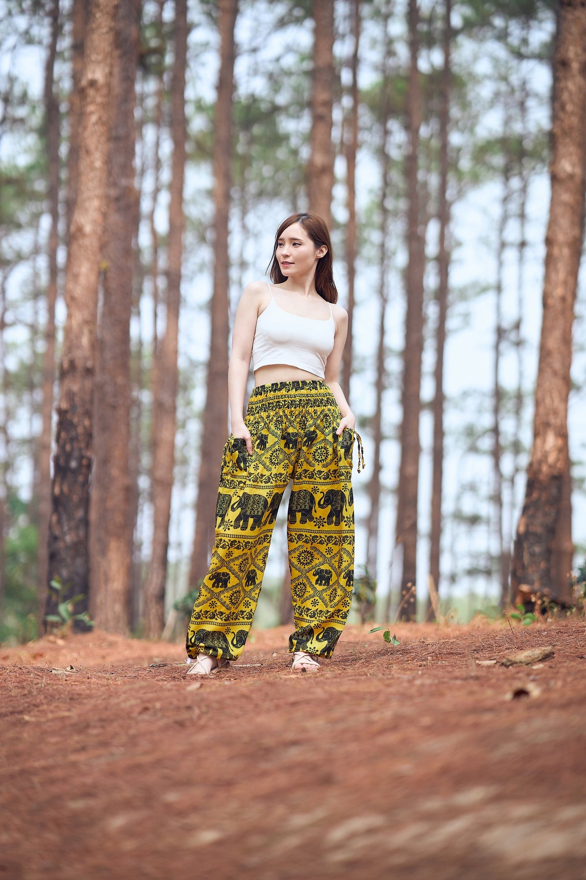 Yellow Thai elephant harem pants boho plus size women's trousers with pockets