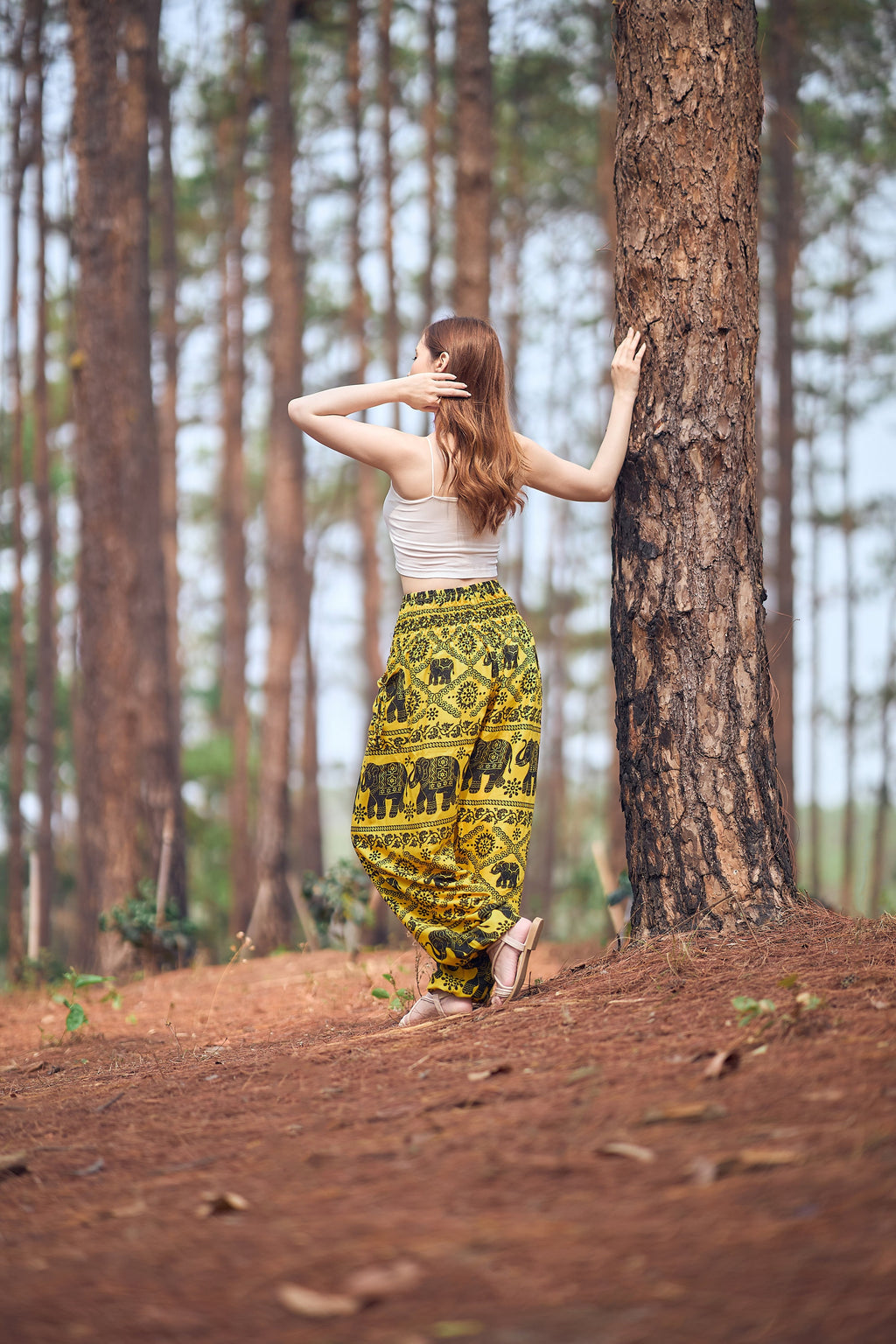 Printed yellow rayon harem yoga pants for festival and travel