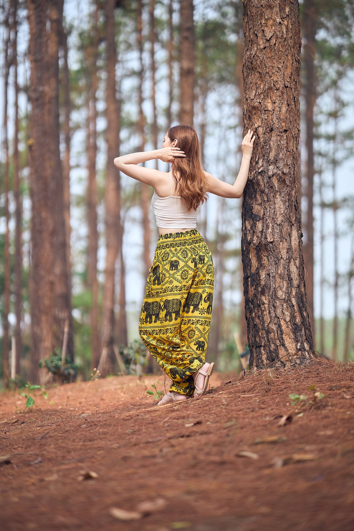 Printed yellow rayon harem yoga pants for festival and travel